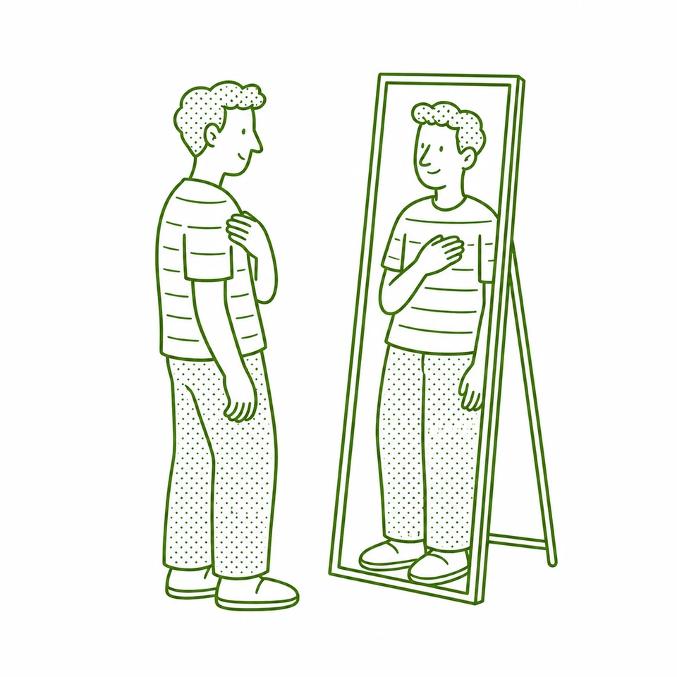 Green line drawing of a person taking a quiet moment to look at their reflection in a mirror.