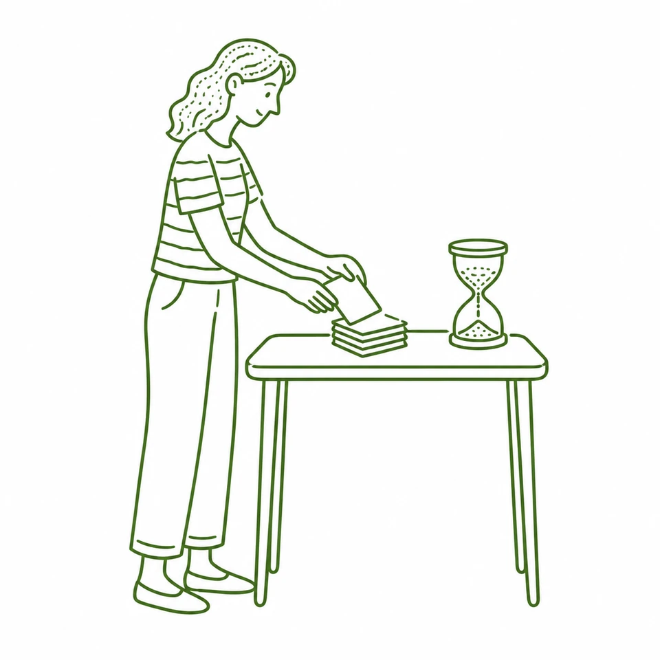 Green line drawing of a woman arranging a small stack of cards beside an hourglass.