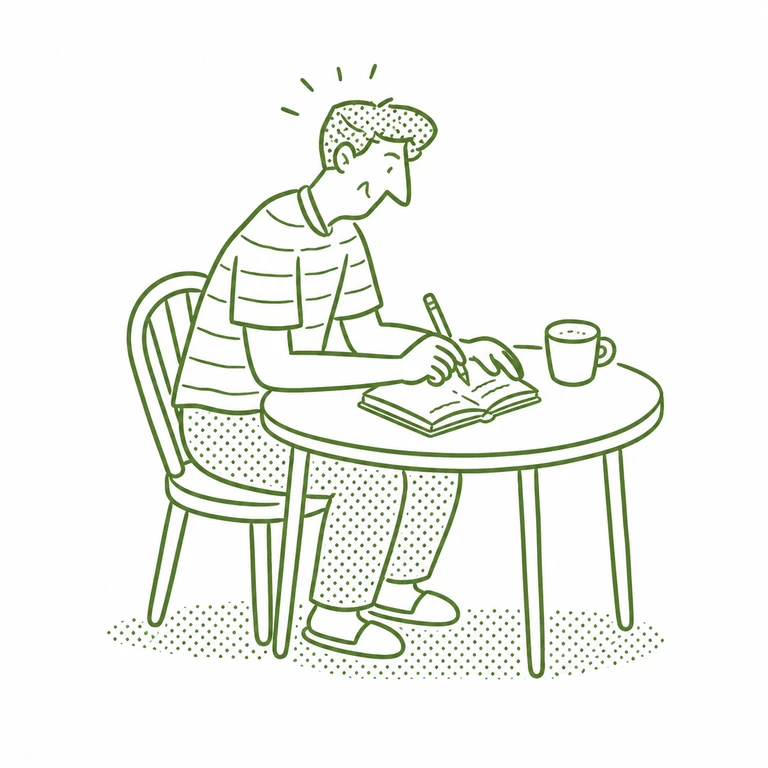 Green line drawing of a person writing in a notebook at a small table beside a mug.