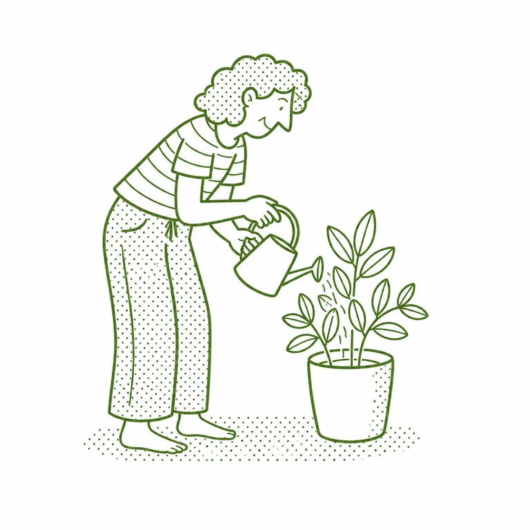 Green line drawing of a barefoot person taking a quiet moment to water a houseplant.