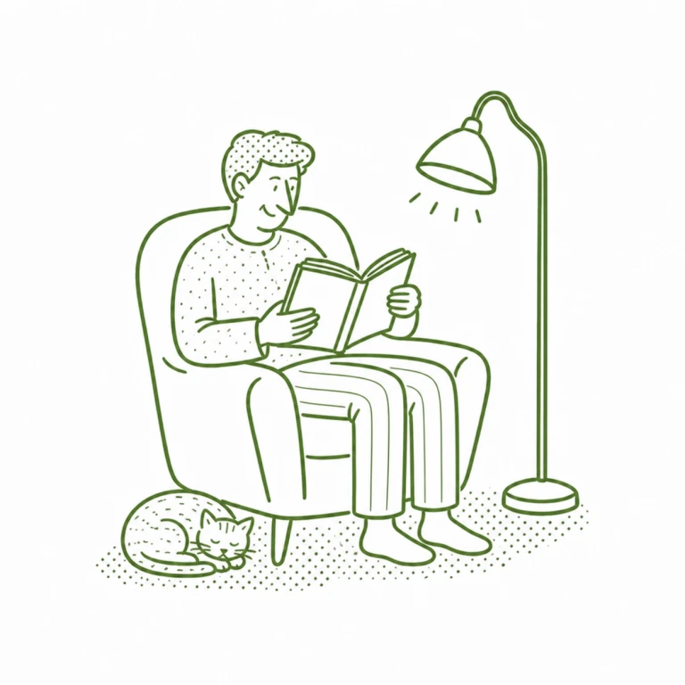 Green line drawing of a person reading in an armchair beside a lamp and a sleeping cat.