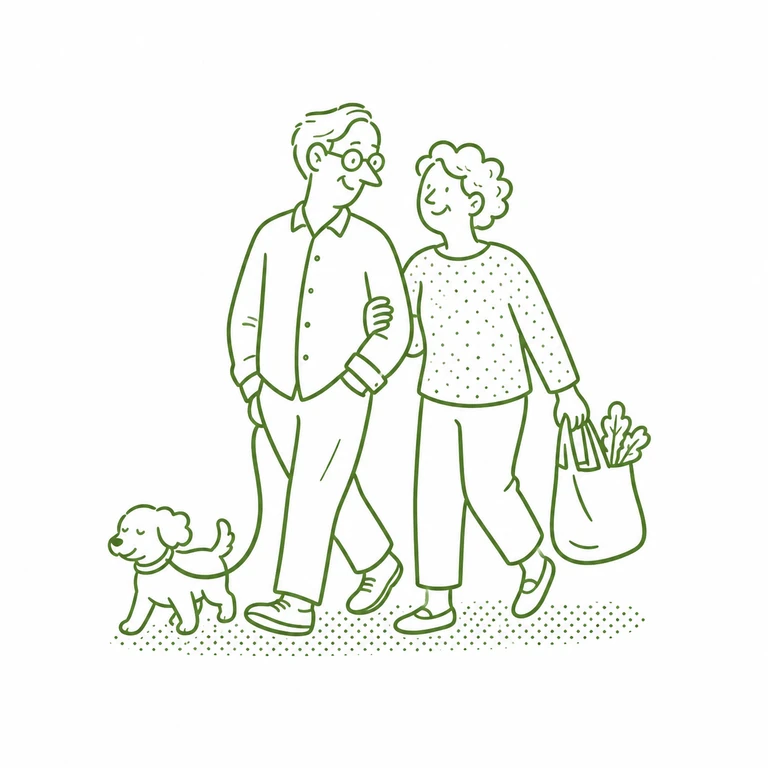 Green line drawing of two older adults walking together with a shopping bag and a small dog.